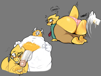 anthro balls beard bent_over big_penis biped blonde_hair blush bodily_fluids bottomwear butt butt_slap butt_squish clothed clothing duo erection eyewear face_squish facial_hair female flaccid fur genital_fluids genitals glans glasses hair horn legs_together looking_at_another looking_at_partner looking_at_viewer male male/female mature_male multiple_angles nude penis penis_against_cheek penis_on_cheek penis_on_face precum pubes simple_background slap smile squish standing tail text vein veiny_penis white_body white_fur chipchell deltarune undertale_(series) alphys asgore_dreemurr bovid caprine goat lizard mammal reptile scalie 2025 digital_media_(artwork) english_text