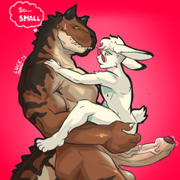 balls big_penis bodily_fluids carrying_another carrying_partner claws duo erection eyewear foreskin genital_fluids genitals glans glasses humanoid_genitalia humanoid_penis male male/male nude penis red_background sharp_teeth simple_background size_difference tail teeth text vein veiny_penis luceneko dinosaur lagomorph leporid mammal prehistoric_species rabbit reptile scalie 1:1 absurd_res digital_drawing_(artwork) digital_media_(artwork) english_text hi_res