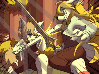 anthro black_clothing black_shirt black_topwear blonde_hair blue_eyes bottomwear clothing duo female female/female fight forest forest_background group gun hair hidden long_hair male male/female melee_weapon messy_hair pants plant ranged_weapon red_bottomwear red_clothing red_eyes red_pants sharp_teeth shirt short_hair sword tan_hair teeth topwear tree trio weapon white_clothing white_shirt white_topwear yellow_eyes unknown_artist changed_(video_game) ids_(user) ace_heart_(ids) ed_(silenced) canid canine canis mammal wolf