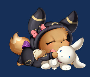 accessory bow_(feature) bow_accessory bow_ribbon brown_body brown_fur clothing clothing_bow daww decorated_bow duo eyes_closed female feral fur furgonomics hair_accessory hair_bow hair_ribbon hoodie hug lying neck_bow on_front onesie pajamas plushie ribbons sleeping smile tail tail_accessory tail_bow tail_ribbon topwear pridark nintendo pokemon gracie_(sweetcupcake) eevee eeveelution generation_1_pokemon generation_2_pokemon lagomorph leporid mammal pokemon_(species) rabbit umbreon 2020 absurd_res alpha_channel hi_res