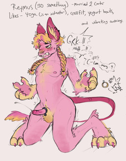 accessory anthro arched_back braided_hair braided_pigtails cock_ring dialogue ejaculation hair jewelry kneeling male overstimulation penis_accessory penis_jewelry pink_body sand_jerboa slim solo curleyfriez dipodid jerboa mammal rodent absurd_res hi_res sketch