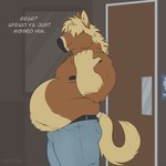 anthro bathroom belly belly_overhang big_belly dialogue digestion door fatal_vore implied_disposal implied_scat male male_pred male_prey overweight overweight_male solo vore graros equid equine horse mammal hi_res