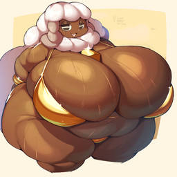 anthro bell bell_collar belly big_belly big_breasts big_butt bikini bikini_bottom bikini_top biped black_eyes bodily_fluids bracelet breasts brown_body butt cleavage clothed clothing collar curvy_figure eyeshadow female gold_bikini hair horizontal_pupils huge_belly huge_breasts huge_butt huge_thighs hyper hyper_breasts hyper_butt jewelry long_hair makeup navel obese obese_anthro obese_female open_mouth overweight overweight_anthro overweight_female pupils shortstack skimpy solo stick_figure sweat swimwear text thick_thighs two-piece_swimsuit voluptuous voluptuous_female white_hair wide_hipped_anthro wide_hipped_female wide_hips wool_hair lightmizano nintendo pokemon bovid caprine generation_8_pokemon mammal pokemon_(species) sheep wooloo 1:1 english_text hi_res