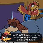 anthro beak bed dialogue duo feathers female feral furniture male morning screeching text tired tired_look waking_up wings yellow_beak kakroon banjo-kazooie rareware banjo_(banjo-kazooie) kazooie avian bear bird breegull mammal 1:1 english_text