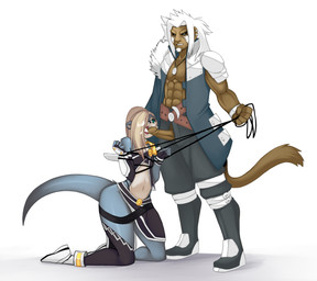 ambiguous_gender ambiguous_penetrated anthro anthro_on_anthro black_sclera blonde_hair bodily_fluids bulge clothed clothing collar cum dominant dominant_male duo ear_piercing erection fellatio femboy genital_fluids genitals hair holding_leash holding_object kneeling kneeling_oral_position leash leash_pull male male/ambiguous male_penetrating male_penetrating_ambiguous open_mouth oral penetration penile penis piercing rope sex simple_background slave standing submissive submissive_ambiguous tail white_background white_hair therosebush marion_undyne mammal mustelid otter