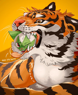 ambiguous_gender duo feral feral_pred fur oral_vore orange_body orange_fur sharp_teeth stripes teeth unwilling_prey vore white_body white_fur softceiling nintendo pokemon felid generation_9_pokemon mammal pantherine pokemon_(species) sprigatito tiger hi_res