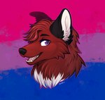 ambiguous_gender anthro bisexual_pride_colors black_body black_ears black_fur black_nose floppy_ears fluffy fur hair inner_ear_fluff lgbt_pride multicolored_body multicolored_fur pattern_background pink_tongue pride_color_background pride_colors purple_eyes red_body red_fur red_hair simple_background solo striped_background teeth tongue tuft white_body white_fur white_inner_ear_fluff dylu jesam_(jesam) canid canine fox mammal red_fox true_fox digital_media_(artwork) digital_painting_(artwork) headshot_portrait hi_res portrait shaded nonbinary_(lore)