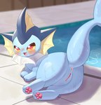 absurd_res anus blue_body blush blush_lines bodily_fluids body_blush butt claws detailed_background eeveelution esteen feet female feral generation_1_pokemon genitals glistening glistening_body heart_eyes heart_symbol hi_res looking_at_viewer lying_on_the_floor nintendo open_mouth open_smile pawpads paws pokemon pokemon_(species) pussy pussy_blush raised_tail rear_view smile solo sweat swimming_pool tail tail_anus toe_claws toes vaporeon water water_drop wet wet_body yellow_eyes