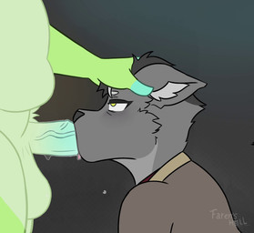 anthro balls belly bent_legs big_balls black_hair bodily_fluids clothing coat daddy_kink deep_throat dripping duo ears_down fellatio fur furry_tail genitals green_body green_fur grey_background grey_body grey_fur hair kneeling male male/male male_anthro oral oral_penetration overweight overweight_male penetration penile penis pivoted_ears pubes pulling_hair saliva saliva_drip saliva_on_penis saliva_on_tongue saliva_string sex simple_background speech_bubble sucking sweat tail text tired tired_eyes topwear touching_hair yellow_eyes farens_hell doliuwu faren canid canine canis mammal wolf 2d_animation animated frame_by_frame hi_res long_playtime loop sound webm