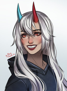 blue_horn clothed clothing fangs female female_humanoid glistening glistening_eyes grin hair horn lips long_hair red_eyes red_horn red_lips simple_background smile solo tan_body tan_skin teeth white_background white_hair marie_merkh humanoid 2024 absurd_res bust_portrait dated hi_res portrait signature