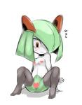 breasts clothing female heart_censor heart_symbol horn legwear not_furry red_eyes simple_background small_breasts solo stockings text mizo_ne nintendo pokemon generation_3_pokemon humanoid kirlia pokemon_(species) censored japanese_text