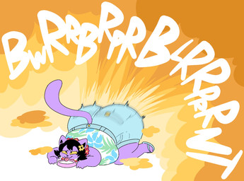 all_fours anthro ass_up belly big_belly big_butt black_hair bowl butt clothed clothing container drinking drinking_milk eyelashes fart fart_cloud fart_fetish female flower_necklace flower_on_head footwear fur hair huge_butt hyper hyper_fart milk motion_blur narrowed_eyes onomatopoeia orange_fart_cloud overweight overweight_anthro overweight_female purple_body purple_fur sandals shoes smile solo sound_effects tail text tongue tongue_out yellow_sclera kibblekritterz undertale_(series) catty_cattenheimer domestic_cat felid feline felis mammal hi_res