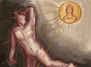 anthro blood bodily_fluids duo ears_up eyebrows female kneeling light light_beam looking_at_another male male/female navel nipples nude nude_anthro nude_male open_mouth raised_arm sun sunbeam sunlight wounded reynard_goodfellow canid canine canis human mammal wolf hi_res