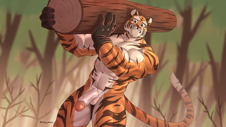 anthro barazoku biceps big_muscles big_penis clothed clothing embarrassed forest_background fur genitals glans gloves green_eyes handwear handwear_only holding_object humanoid_genitalia humanoid_penis log lumberjack male mostly_nude muscular muscular_anthro muscular_male navel orange_body orange_fur outside penis solo standing striped_body stripes tail topless topless_male tuft wood working anjing_kampuss felid mammal pantherine tiger 16:9 hi_res signature widescreen