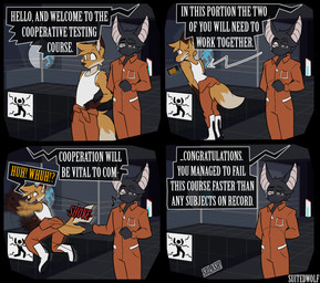 4_panel anthro betrayal black_body clothing color_coded_text dialogue directional_arrow duo eyewear feigning_ignorance fur glasses greeting hole_(pit) jumpsuit long_fall_boots looking_away looking_down male motion_blur orange_body orange_clothing orange_fur orange_jumpsuit pushed shaking_arms shirt shove standing tank_top text topwear warning_sign whistling white_clothing white_shirt white_topwear suitedwolfie portal_(series) valve balthy_(suitedwolfie) cain_(suitedwolfie) bat canid canine fox mammal red_fox true_fox wingless_bat comic english_text hi_res