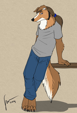 anthro black_nose blue_eyes brown_body brown_fur brown_hair clothed clothing floppy_ears fur glistening glistening_eyes grey_clothing grey_shirt grey_t-shirt grey_topwear hair long_hair looking_at_viewer male male_anthro mouth_closed orange_body orange_fur ponytail shirt slim_anthro slim_male solo standing t-shirt topwear white_body white_fur hufnaar canid canine canis domestic_dog mammal 2014 absurd_res dated hi_res signature