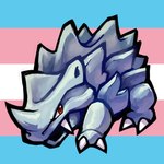 1:1 2018 2_fingers ambiguous_gender colored digital_media_(artwork) digital_painting_(artwork) feral fingers generation_1_pokemon grey_body hi_res horn lgbt_pride nintendo pokemon pokemon_(species) pride_color_background pride_colors red_eyes rhyhorn shaded simple_background snaggle_tooth solo thumpleweed transgender_pride_colors
