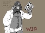 anthro bulge clothed clothing eyewear glasses humanoid_hands male open_clothing open_shirt open_topwear overweight overweight_anthro overweight_male shirt solo text topwear underwear leo_zeke password_(visual_novel) oswin_(password) mammal suid suina sus_(pig) wild_boar 2021 english_text hi_res