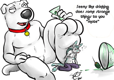 3_toes 4_fingers alcohol anthro beverage cocktail cocktail_garnish collar dialogue duo feet fingers food foot_fetish fruit larger_male male micro olive_(fruit) plant shrinking size_difference size_transformation smaller_male text toes transformation gravewalker family_guy brian_griffin canid canine canis domestic_dog mammal 2011 english_text