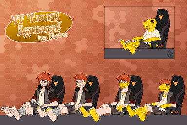 anklet anthro bottomwear chair clothed clothing desk electronics eye_scar facial_hair facial_scar feet foot_focus furniture gaming_chair goatee hair headphones headphones_around_neck hoodie human_to_anthro jewelry male mid_transformation orange_eyes pawpads paws red_hair scar shirt shorts species_transformation table topwear transformation transformation_sequence white_body white_skin hydez bandai_namco digimon zgf_gaming ra'zim agumon digimon_(species) human mammal 2026 absurd_res hi_res