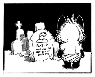 ambiguous_gender anthro bandage butt cemetery clothed clothing cross fur looking_at_object solo standing tail text tombstone topless silverfox5213 silverfox5213_(character) canid canine fox mammal red_fox true_fox 2019 black_and_white english_text monochrome male_(lore)