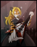 anthro black_border blonde_hair border breasts cleavage clothed clothing crowd electric_guitar eyes_closed female grin group guitar hair music musical_instrument performance playing_guitar playing_music plucked_string_instrument rocking_out smile solo_focus string_instrument toony cherushi flying_v millie felid mammal pantherine tiger 2008