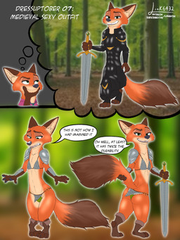 anthro armor bikini bikini_armor boots bottomwear bulge clothed clothing crossdressing detailed_background femboy footwear fur holding_melee_weapon holding_object holding_sword holding_weapon legwear looking_at_viewer male melee_weapon open_mouth orange_body orange_fur shoes smile solo swimwear sword tail text thick_thighs thigh_highs topwear two-piece_swimsuit unconvincing_armor underwear weapon link6432 disney dressuptober zootopia nick_wilde canid canine fox mammal red_fox true_fox 3:4 absurd_res digital_media_(artwork) english_text hi_res