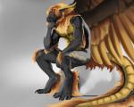 anthro balls biceps biped black_body black_penis black_skin claws ear_piercing erection feathered_wings feathers fur genitals hair horn male mane markings muscular muscular_anthro muscular_male nude pecs penis piercing pose scales simple_background sitting solo tail thinker_pose toe_claws tuft wings yellow_body yellow_skin eyrich noodledoodle mythology sandalf dragon feathered_dragon feathered_scalie furred_dragon furred_scalie mythological_creature mythological_scalie northern_dragon reptile scalie 2014 5:4