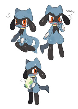 anthro blue_body blush blush_lines bodily_fluids breasts egg embarrassed fangs female holding_egg holding_object looking_at_viewer open_mouth paws red_eyes simple_background small_breasts solo sweat sweatdrop tail teeth text young young_anthro young_female batrobin_k nintendo pokemon generation_4_pokemon pokemon_(species) riolu 2025 hi_res korean_text translated