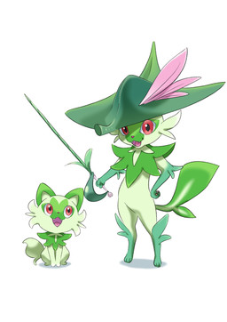 anthro biped clothing duo fangs feral green_body hat headgear headwear holding_melee_weapon holding_object holding_sword holding_weapon melee_weapon open_mouth open_smile quadruped simple_background smile sword tail teeth weapon white_background king_squid fakemon nintendo pokemon felid feline generation_9_pokemon mammal pokemon_(species) sprigatito 2022 hi_res