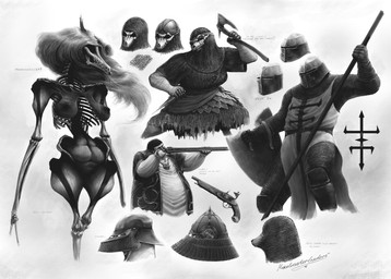 amazonian anthro armor axe battle_axe bone bone_mask chainmail creepy faceless_character fantasy female flintlock grey_hair group gun hair headgear headgear_only helmet helmet_only hidden_face knight long_hair male mask melee_weapon obese overweight polearm ranged_weapon religion skeleton skull skull_mask spear supernatural translucent translucent_body warrior weapon mikelocesterlanders canid canine canis ghost human mammal spirit wolf absurd_res hi_res monochrome sketch