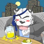 alcohol anthro beer beverage black_nose city clothing drunk eyes_closed fur male necktie night outside shirt sitting solo substance_intoxication topwear white_body white_fur oogamikennta felid mammal pantherine tiger 1:1 2006 digital_media_(artwork) low_res oekaki