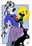 blonde_hair bottomwear clothing denim denim_bottomwear denim_clothing ear_piercing ear_ring female hair jeans male male/female pants piercing ring_piercing text tabbiewolf jeremy_(tabbiewolf) thoe_(tabbiewolf) equid equine mammal mephitid skunk zebra english_text