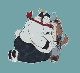 anthro armor beanie belly big_belly blush bodily_fluids bottomwear brown_body brown_fur camo camo_bottomwear camo_clothing camo_pants camo_print chain clothed clothing clothing_pull dialogue duo ear_piercing embarrassed eye_patch eyes_closed eyewear fingerless_gloves fur furgonomic_hat furgonomic_headwear furgonomics gloves handwear hat headgear headwear helmet kerchief kiss_on_lips kissing kneeling larger_sub male male/male male_anthro moobs musclegut muscular muscular_anthro muscular_male neckerchief neckwear nipples overweight overweight_male pants partially_clothed pattern_bottomwear pattern_clothing pattern_pants paws piercing pointy_ears prick_ears seductive shirtless shocked size_difference speech_bubble submissive submissive_male surprise_kiss surprised sweat tail text topless topless_anthro topless_male wide_eyed mattinqq epic_games fortnite polar_patroller wendell_(fortnite) bear canid canine canis mammal polar_bear ursine wolf absurd_res hi_res