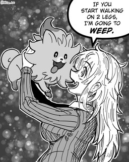 ambiguous_gender breasts clothed clothing dialogue duo eye_contact female feral fur hair larger_female larger_human looking_at_another size_difference smaller_ambiguous smaller_feral speech_bubble teeth text tongue topwear nhim nintendo pokemon canid canine human mammal pokemon_(species) english_text hi_res monochrome