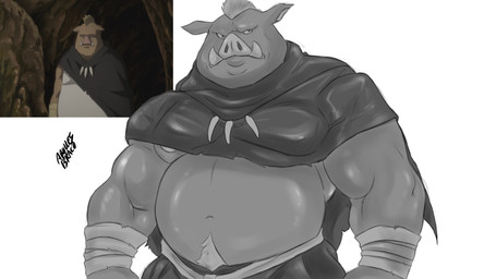 anthro barazoku belly biceps body_hair cloak clothing happy_trail male mohawk muscular muscular_male simple_background slightly_chubby solo tusks white_background wraps wrist_wraps aquilesbraco boarred that_time_i_got_reincarnated_as_a_slime geld_(that_time_i_got_reincarnated_as_a_slime) mammal orc suid suine sus_(pig) wild_boar absurd_res greyscale hi_res monochrome reference_image