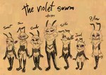 anthro exoskeleton eyes_closed female fur group purple_eyes purple_sclera standing text young young_anthro soulcentinel violetechoes candy_(violet) jewel_(violet) pillow_(violet) sour_(violet) spike_(violet) stripes_(violet) sweet_(violet) violet_echo arthropod insect morsectuum absurd_res english_text hi_res