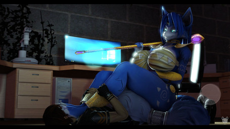 anthro anthro_on_top bandeau barefoot big_breasts black_bars blue_body blue_eyes blue_fur blue_hair breasts clothed clothed_female clothed_male clothing computer computer_monitor desk detailed_background dominant dominant_anthro dominant_female duo electronics feet female female_anthro female_on_human female_on_top fingerless_gloves foot_fetish foot_on_face fur furniture gloves hair hands_on_legs handwear huge_breasts human_on_anthro human_on_bottom inside interspecies jewelry krystal's_staff laboratory_equipment lens_flare lying male male/female male_human male_on_anthro male_on_bottom markings microscope necklace on_back on_bottom on_ground on_top scientific_instrument sitting sitting_on_another submissive submissive_human submissive_male table topwear tribal tribal_markings mercfox438 warfaremachine_(modeler) microsoft microsoft_windows nintendo star_fox windows_10 krystal_(star_fox) warfare_krystal canid canine fox human mammal 16:9 2023 3d_(artwork) digital_media_(artwork) hi_res letterbox widescreen