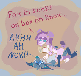 abstract_background anthro anthro_on_anthro blue_body blue_fur cowgirl_position dialogue duo ellipsis female female_on_top from_front_position fur hair half-closed_eyes lying male male_on_bottom moan narrowed_eyes on_back on_bottom on_top pink_body pink_fur pink_hair purple_hair reading sex text toony demensa emil_(demensa) canid canine canis coyote domestic_dog mammal 2026 english_text hi_res