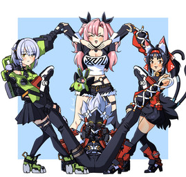 2_tails :t ^_^ absolute_territory accessory armwear backpack bell bell_collar belt big_breasts black_armwear black_bottomwear black_bridal_gauntlets black_choker black_clothing black_fingerless_gloves black_gloves black_handwear black_jacket black_jewelry black_legwear black_necklace black_pants black_shorts black_skirt black_thigh_highs black_topwear blush blush_lines bodily_fluids boots bottomwear braided_hair breasts bridal_gauntlets choker cleavage clothed clothing collar crop_top electronics eyes_closed female fingerless_gloves footwear garter_belt garter_straps gesture gloves glowing glowing_eyes green_boots green_clothing green_footwear grey_hair group hair hair_accessory hair_ribbon handwear happy headphones heart_gesture high_heeled_boots high_heels holding_leg hotpants inner_ear_fluff jacket jewelry legs_up legwear long_hair looking_at_viewer machine male markings midriff mole_(marking) mole_on_breast mole_under_eye mouthless multi_tail navel necklace open_clothing open_jacket open_mouth open_topwear orange_eyes pants pink_hair pleated_skirt plushie red_clothing red_jacket red_topwear ribbons shirt shoes short_hair shorts skirt smile spiky_hair spread_legs spreading sweat tail thigh_highs thigh_strap topwear tuft twintails_(hairstyle) two_side_up tanny_v asian_mythology east_asian_mythology japanese_mythology mihoyo mythology zenless_zone_zero anby_demara billy_kid nekomiya_mana nicole_demara animal_humanoid cat_humanoid felid felid_humanoid feline feline_humanoid human humanoid mammal mammal_humanoid nekomata robot robot_humanoid tailed_humanoid yokai digital_drawing_(artwork) digital_media_(artwork) hi_res