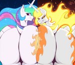 ass_to_ass big_butt butt cutie_mark dock_(anatomy) duo eyelashes female female/female feral fire flaming_hair grin hair hip_to_hip horn huge_butt multicolored_hair presenting presenting_hindquarters pseudo_hair rainbow_hair rear_view sharp_teeth smile square_crossover tail take_your_pick teeth tongue tongue_out wings aeroartz friendship_is_magic hasbro my_little_pony mythology daybreaker_(mlp) princess_celestia_(mlp) equid equine horse mammal mythological_creature mythological_equine pony winged_unicorn hi_res