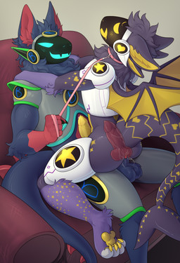 ambiguous_fluids anal anal_penetration animal_genitalia anthro armor balls blue_body blue_fur canine_genitalia claws collar duo fur furniture genitals inside internal jewelry knot looking_at_viewer looking_pleasured machine male male/male neck_tuft necklace on_sofa pawpads penetration penis purple_body purple_fur red_body red_fur red_penis sitting sitting_on_another sitting_on_sofa sofa submissive tuft visor wings yellow_body yellow_fur yellow_pawpads yellow_penis yellow_wings amaranta fox_becket pipu_(protogen) canid canine mammal protogen absurd_res hi_res