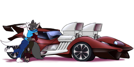 against_car against_surface against_vehicle anthro big_breasts big_tail black_body black_eyes black_fur bottomwear breasts car claws clothing driver duo female fluffy fluffy_ears fluffy_tail fur grabbing_waist hair hug knee_pads long_hair male male/female pants romantic romantic_couple short_hair shoulder_pads sweatshirt tail thick_thighs toe_claws uniform vehicle white_body white_fur twtr hot_wheels hot_wheels_acceleracers hot_wheels_twin_mill mattel luna_the_wolf wolf_(twtr) canid canine canis humanoid mammal wolf 2:1 hi_res