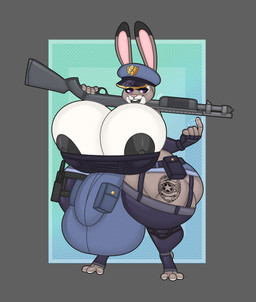 anthro badge balls_outline beckoning belt belt_pouch big_breasts big_bulge big_nipples black_nipples bottomwear breasts bulge cleavage cleavage_overflow clothed clothing detailed_bulge ears_up electronics fur genital_outline gesture grey_body grey_fur gun gynomorph holding_object holding_weapon huge_breasts huge_bulge hyper hyper_breasts hyper_bulge intersex leg_tattoo lips muscular muscular_thighs nipples paws penis_outline pink_nose police police_hat police_uniform purple_eyes ranged_weapon shorts shortstack shortstack_gynomorph shortstack_intersex shotgun simple_background smile solo standing tattoo thick_lips thick_thighs thigh_tattoo topwear uniform utility_bulge walkie-talkie weapon weapon_on_shoulder white_body white_fur daeriusus disney zootopia judy_hopps lagomorph leporid mammal rabbit 2023 colored digital_drawing_(artwork) digital_media_(artwork) hi_res