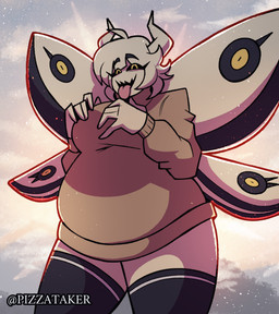 black_clothing black_sclera breasts cleavage clothed clothing cloud detailed_background detailed_lighting eyebrows eyelashes female hair hand_on_breast insect_wings legwear lepidopteran_wings light looking_at_viewer overweight pattern_clothing sharp_teeth sky slightly_chubby solo sparks striped_clothing stripes sweater tan_clothing teeth thigh_highs tongue tongue_out topwear turtleneck white_body white_hair white_skin wings yellow_eyes pizzataker666 the_binding_of_isaac_(series) delirium_(tboi) nov_(noveuxa) arthropod humanoid insect lepidopteran moth absurd_res hi_res lighting signature