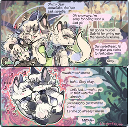 anthro black_body black_fur bone bone_mask clothed clothing dialogue fangs female forest forest_background fur group hair heart_symbol male mask nature nature_background outside piercing plant sabertooth_(anatomy) skull skull_mask smile tail tattoo teeth text tree trio white_body white_fur snowfoxy66 mythology dark_(snowfoxy66) liliam_(snowfoxy66) snow_(snowfoxy66) arctic_fox canid canid_demon canine demon felid feline fox hellhound mammal mythological_canine mythological_creature prehistoric_species saber-toothed_tiger true_fox comic digital_media_(artwork) english_text hi_res