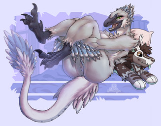 anthro blush breasts butt claws dewclaw feathers feet female genitals legs_up medium_breasts non-mammal_breasts nude pillow presenting presenting_hindquarters sickle_claw simple_background solo tail toe_claws vulva 1oi conditional_dnp nerhri_(byzil) deinonychus dinosaur dromaeosaurid feathered_dinosaur feathered_scalie prehistoric_species reptile saurischian scalie theropod absurd_res hi_res