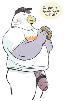 anthro beak bottomless clock clothed clothing dialogue eating flaccid food foreskin genitals glans hat headgear headwear humanoid_genitalia humanoid_penis male muscular muscular_anthro muscular_male outline overweight overweight_male partially_clothed penis sandwich_(food) simple_background solo text watch white_background dramamine avian bird gull lari larid 2022 digital_media_(artwork) english_text hi_res