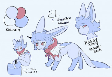 bangs blue_body blue_hair female feral hair prehensile_tail pupils red_sclera solo tail text white_pupils bloowolfy nintendo pokemon el_(bloowolfy) canid eeveelution generation_4_pokemon glaceon mammal pokemon_(species) 2024 english_text hi_res model_sheet