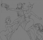 antennae_(anatomy) big_breasts bikini breasts clothing female group huge_breasts humanoid_pointy_ears mohawk nipples pointy_ears swimwear tight_clothing two-piece_swimsuit uthstar01 trials_in_tainted_space alien human mammal hi_res monochrome unfinished